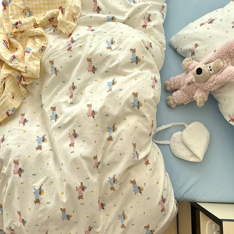 Cartoon Pattern Printed Super Soft Bedding Sets Washed Cotton Cozy Breathable Bedsheet with Pillowcase Adult Child Comfort Set