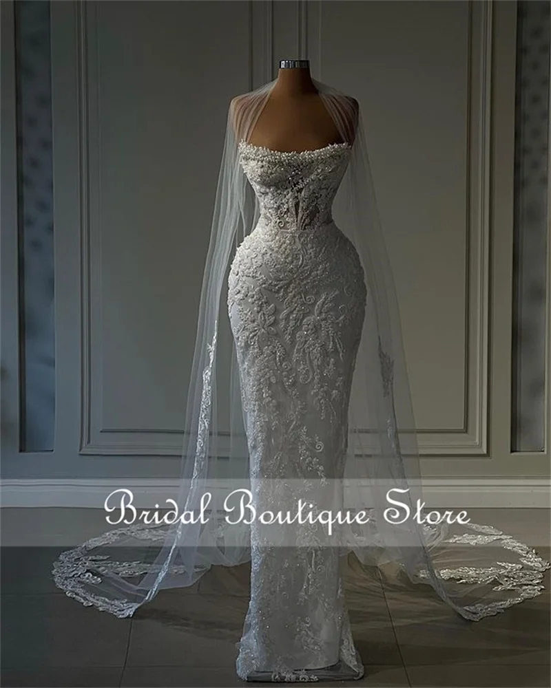 

Luxury Sparkly Pearls Mermaid Wedding Dress 2023 With Cape Beading Crystals Bridal Gown High-End Vestido De Noiva Corset Back