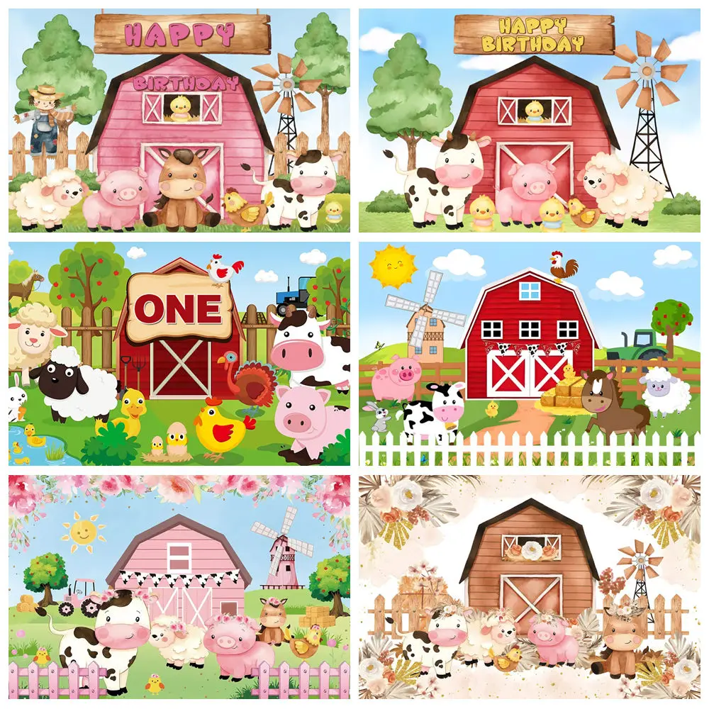 

Cartoon Farm Animals Party Photography Backdrop Barn Windmill Wooden Fence Baby Shower Birthday Party Background Decor Photozone