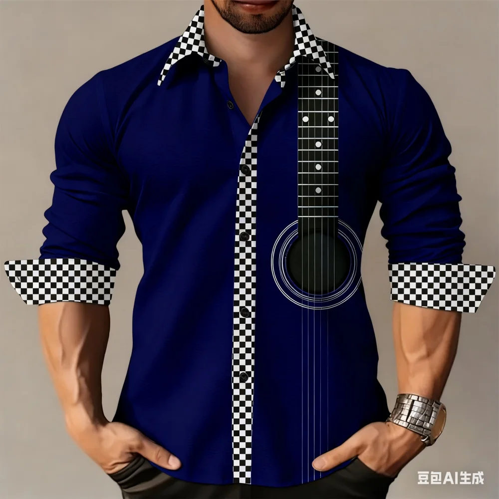 Men's Spring Autumn Long Sleeve Music Print Shirt Casual High Quality Collar Button up for Party Wedding Streetwear