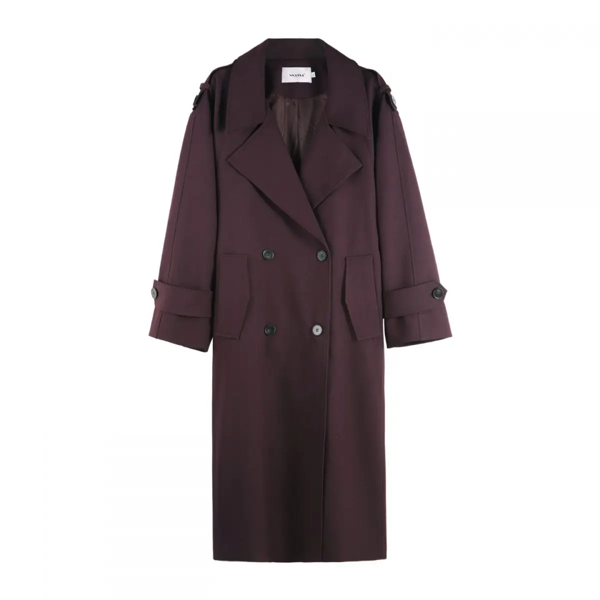 

SuperAen Autumn New Double-breasted Belted Waist Women's Long Coat Notched Solid Color Long-sleeved Coats