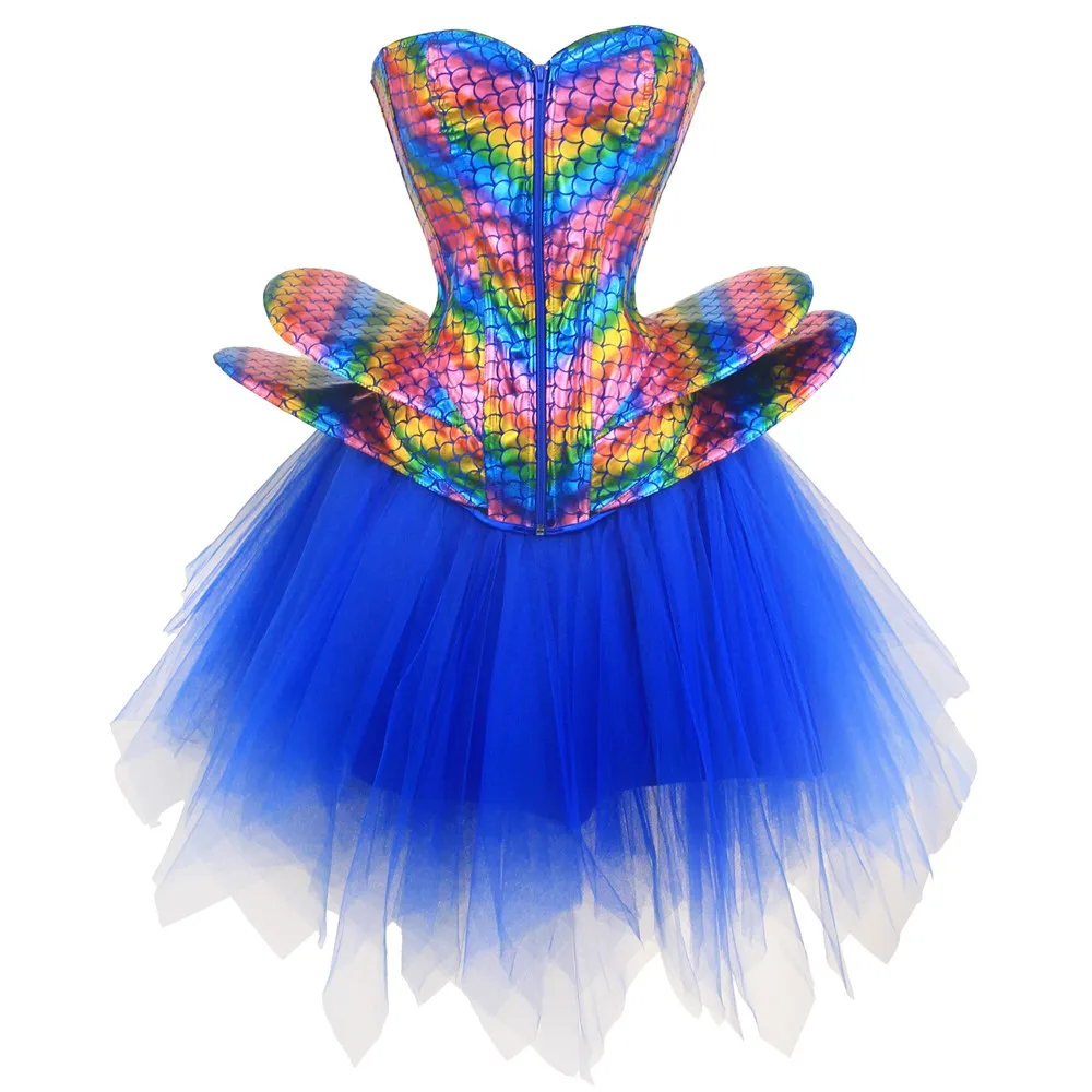 

Rainbow Sequins Corset Dress Suit Women Sexy Fish Scale Printed Overbust Corset Top With Tulle Skirt Set Dance Burlesque Costume