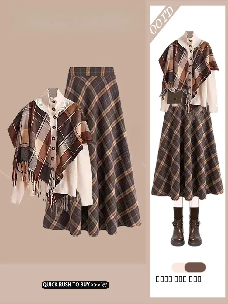 

Осенний модный женский вязаный клетчатый свитер с высокой талией, утягивающая юбка, комплект с высоким воротником, длинный свек, повседневный французский сле