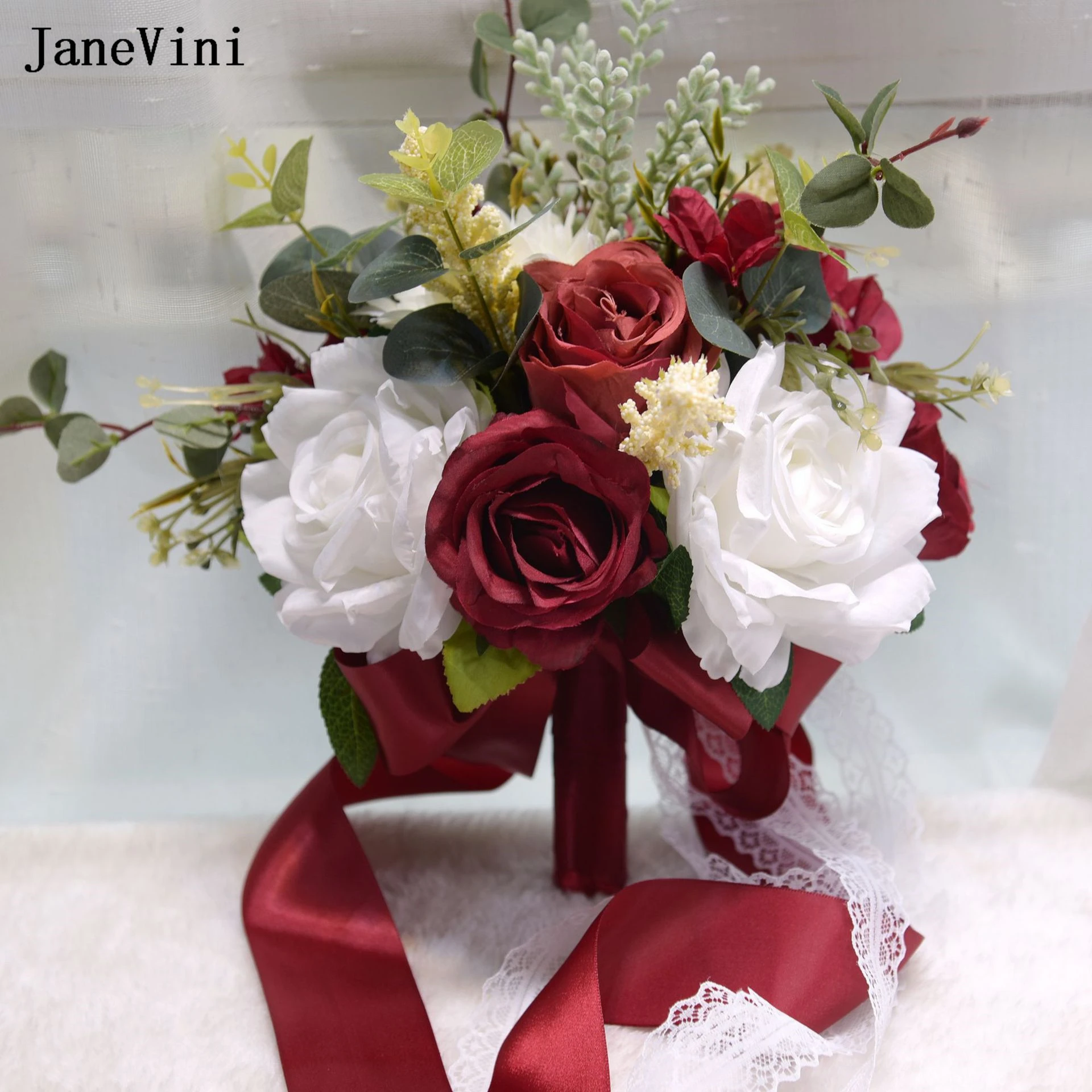 JaneVini Vintage Burgundy Bridal Holding Flowers Wedding Bouquets Artificial Silk Roses Bouquet Bridesmaid Wedding Accessories