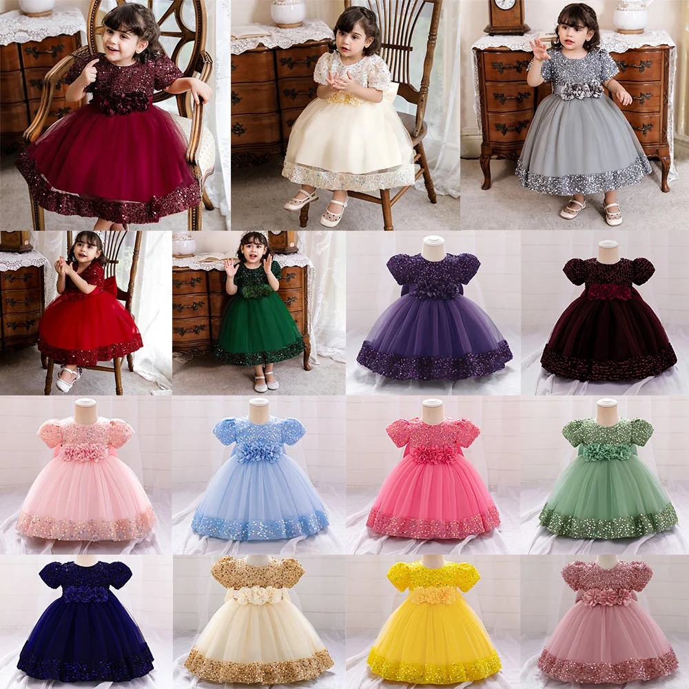 Infant Girls Sequin Birthday Party Dress Flower Girls Wedding Princess Gown Baby Shining Fluffy Tulle Dresses Toddler Daily Wear