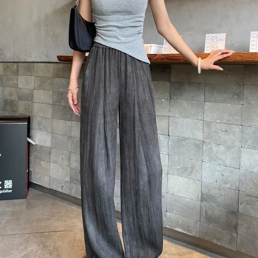 2024 Summer New Popular Draping Loose Tie Dyed Yamamoto Imitation Linen Wide Legged Pants Ice Silk Sunscreen Pants for Women