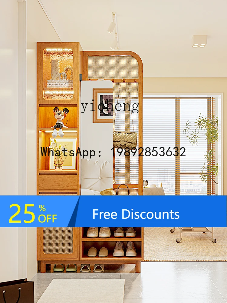 solid wood shoe cabinet entrance integrated living room partition cabinet full mirror rattan screen cabinet