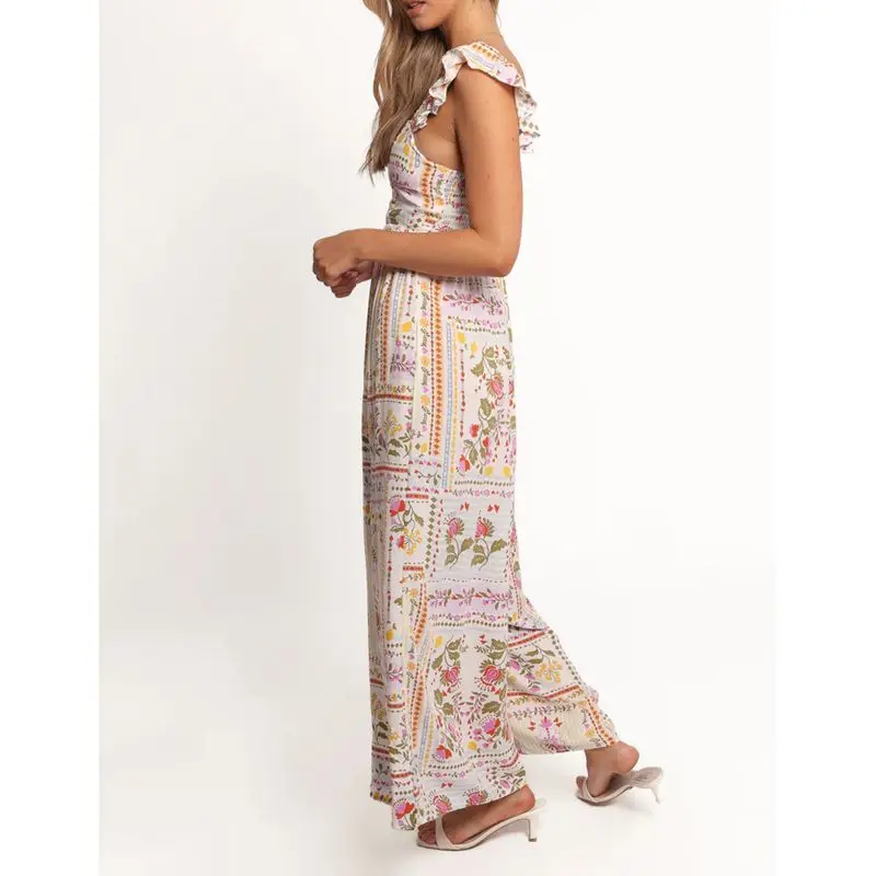 Combhasaki Women Summer Floral Print Flutter Ruffled Fly Sleeve Square Neck Smocked Backless A-Line Long Suspender Tank Dress