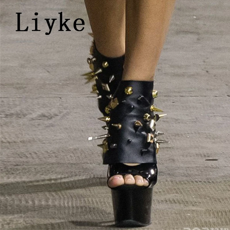 Liyke Fashion Chic Snap Button Women Platform Boots Sexy Metal Rivet Peep Toe Super Thin High Heels Stripper Pole Dance Shoes