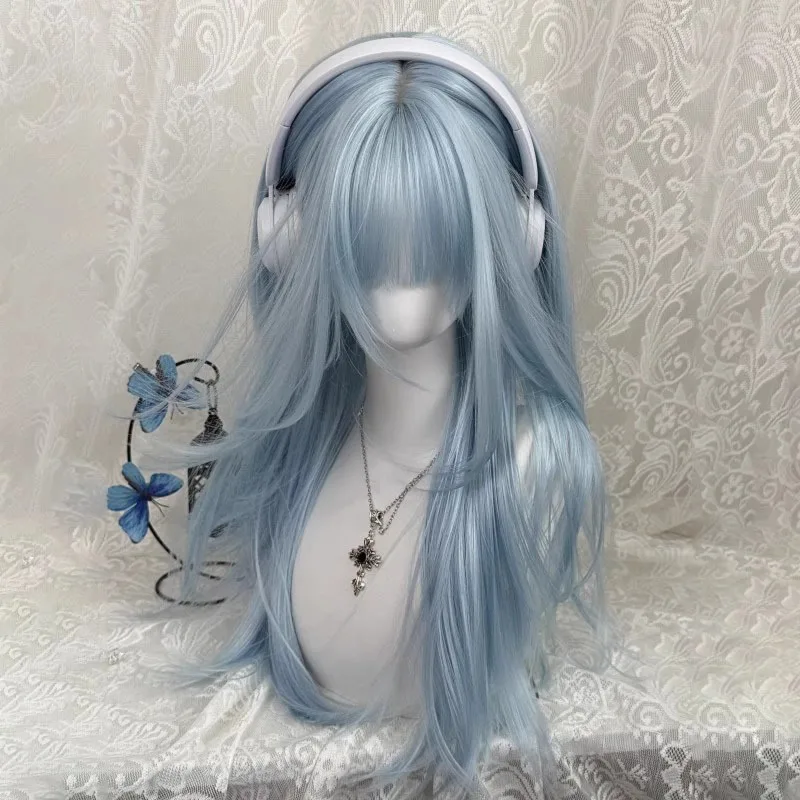Pastel Light Blue Long Straight Wig with Thick Bangs Synthetic Hair Wig for Women Layered Cosplay Wig Anime Lolita Daily Wear