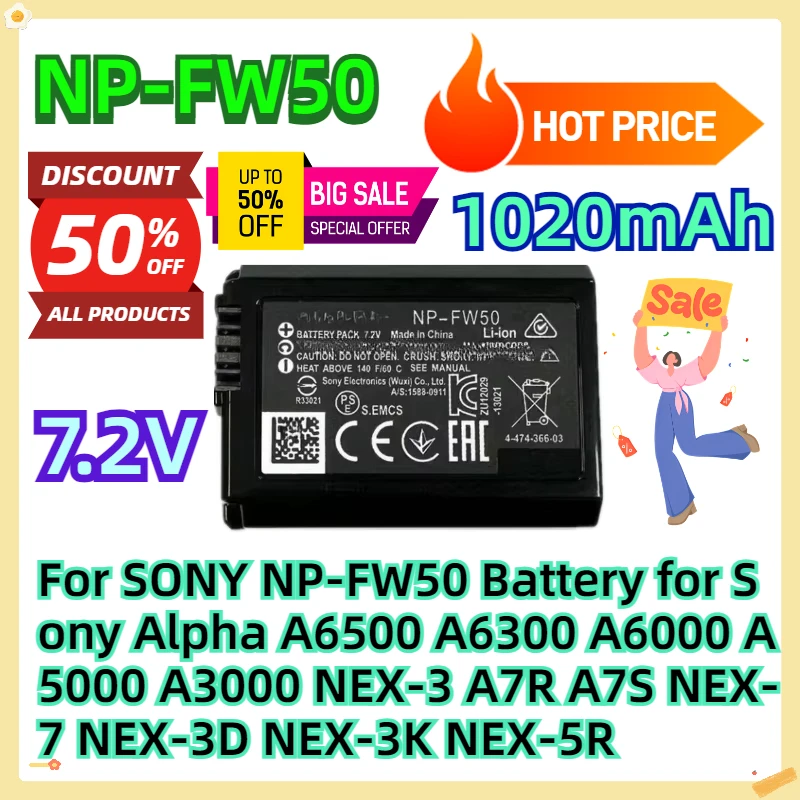 For SONY NP-FW50 Battery for Sony Alpha A6500 A6300 A6000 A5000 A3000 NEX-3 A7R A7S NEX-7 NEX-3D NEX-3K NEX-5R