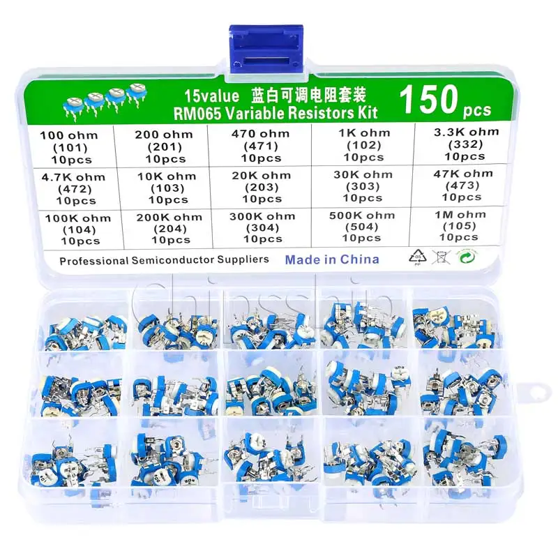 15 Specifications of 10 Each, a Total of 150 RM065 Horizontal Blue and White Adjustable Resistor Sets