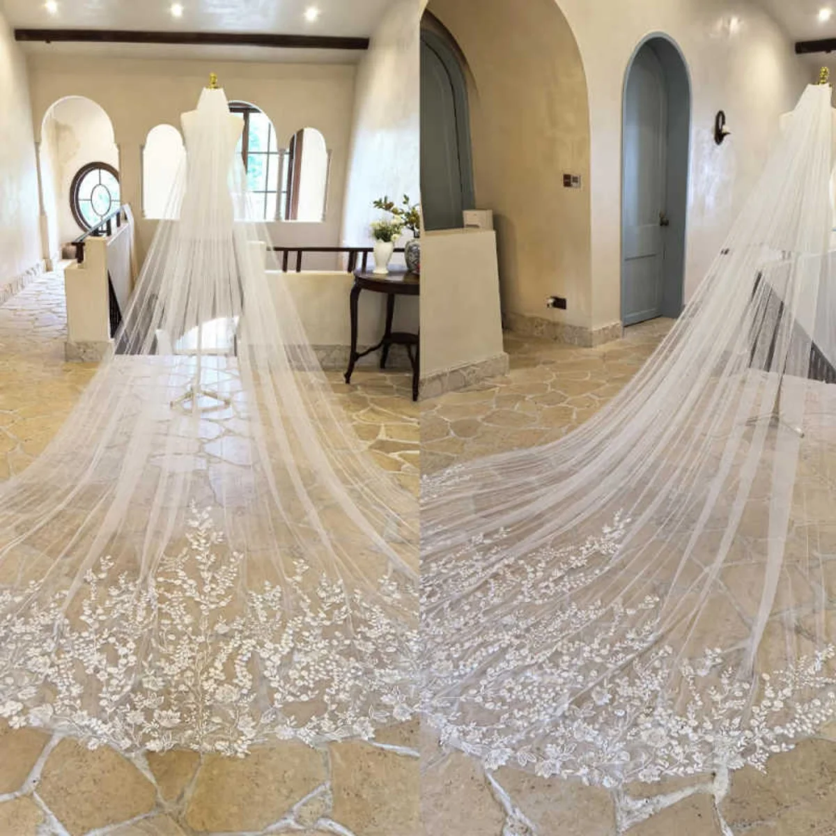 

Princess Wedding Bridal Veil Lace Edge One-Layer 3M Cathedral Applique Sequins White/Ivory Veil With Comb Customized