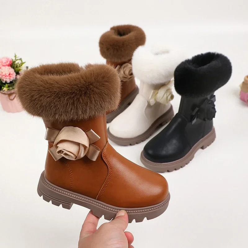 Children Rubber Boots for Medium Big Girls Warm Thermal Boots Fluffy Plush Hairy with Flower Princess Sweet Kids Casual Boots