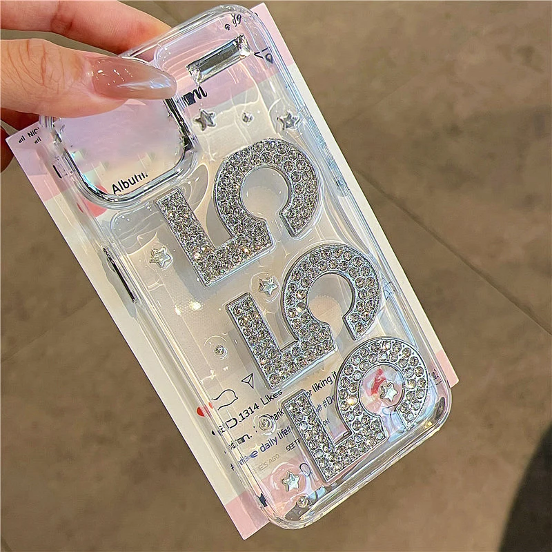 Cute 3D Glitter Rhinestone star Epoxy Clear Phone Case For iPhone 15 14 13 12 11 Pro Max Plus Plating Lens Protection Back Cover