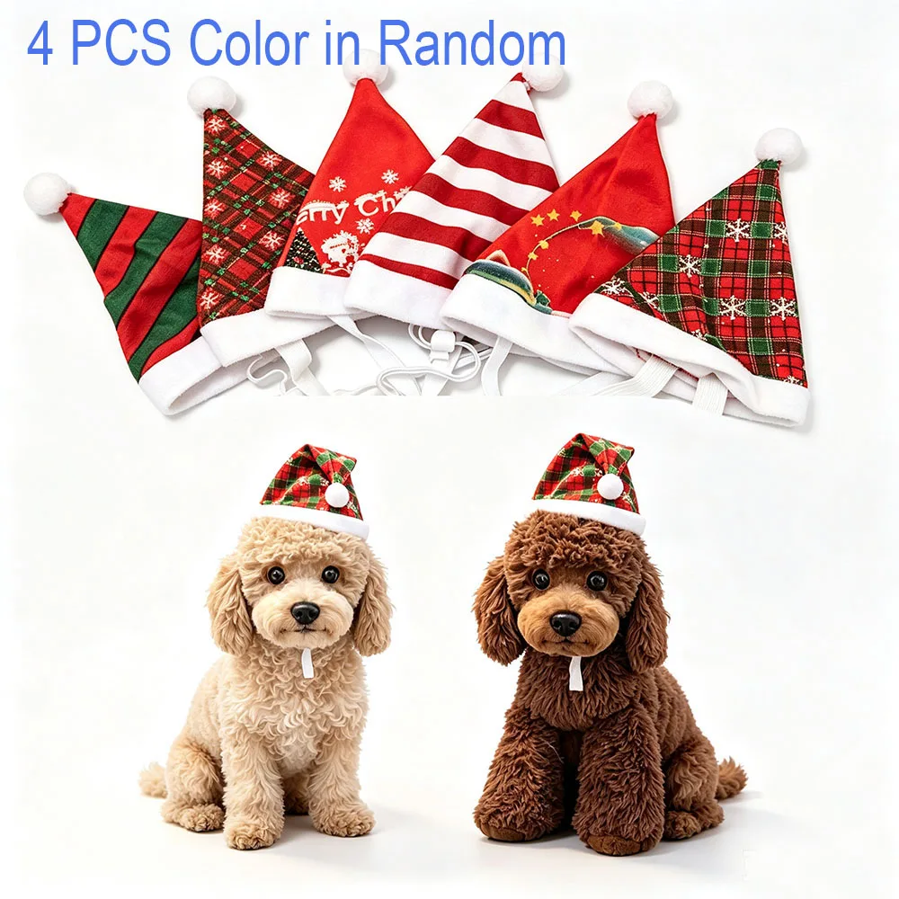 4 pcs color in random Christmas Pet Santa Hat, Adjustable Chin Strap Dog Cat Hat with Pom Pom, Multi Patterns Holiday Party