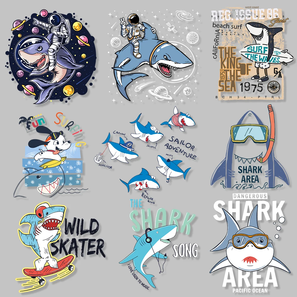 Cool Cartoon Shark Design Patches Heat Transfers For Kids Clothes Iron on Transfers on Boys Clothing Washable DTF Vinyl Stickers