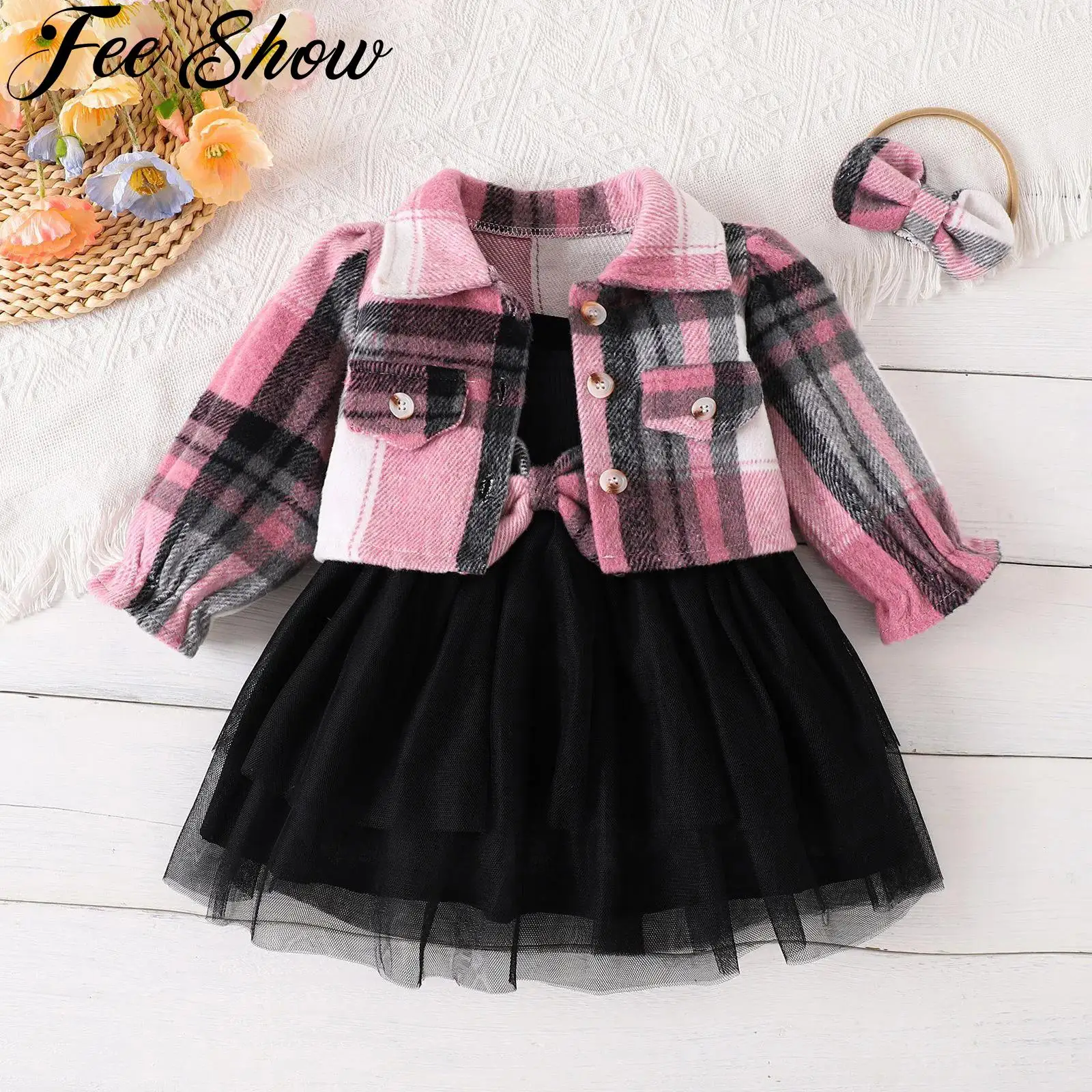 

Весенне-осенняя одежда для маленьких девочек, клетчатая куртка на пуговицах с длинными рукавами и тюлевым платьем для дня рождения, свадьбы