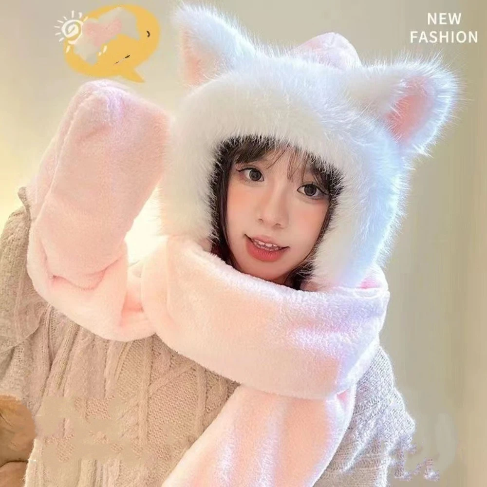 

New Warm Plush Fox Ears Hat Gloves Windproof Winter Hooded Scarf Ear Protection Soft Fox Scarf Women