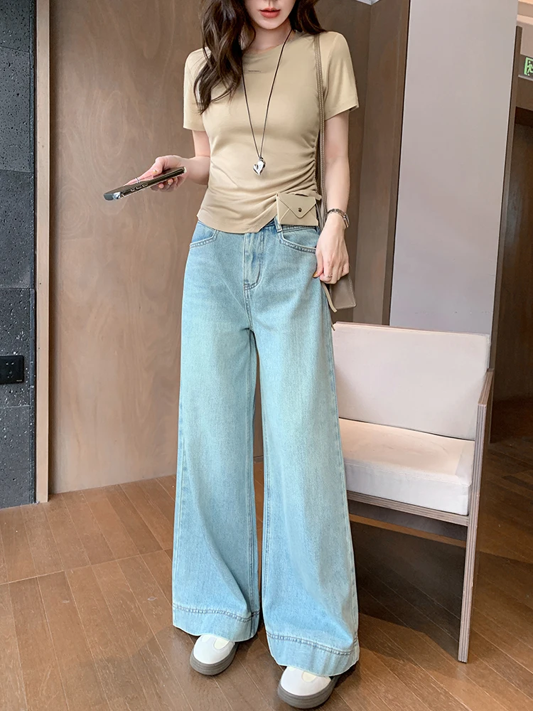 

Легкие прямые джинсы с высокой талией и широкими штанинами для женщин, модные весенние новинки 2025 года, универсальные свободные брюки с эффектом похудения