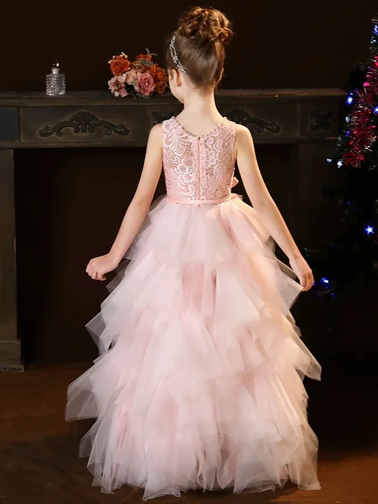 Flower Girl Wedding Party Dresses Pink Red New 2025 Girls Sleeveless Dress Round Neck Princess Gowns Long Prom Gown Customized
