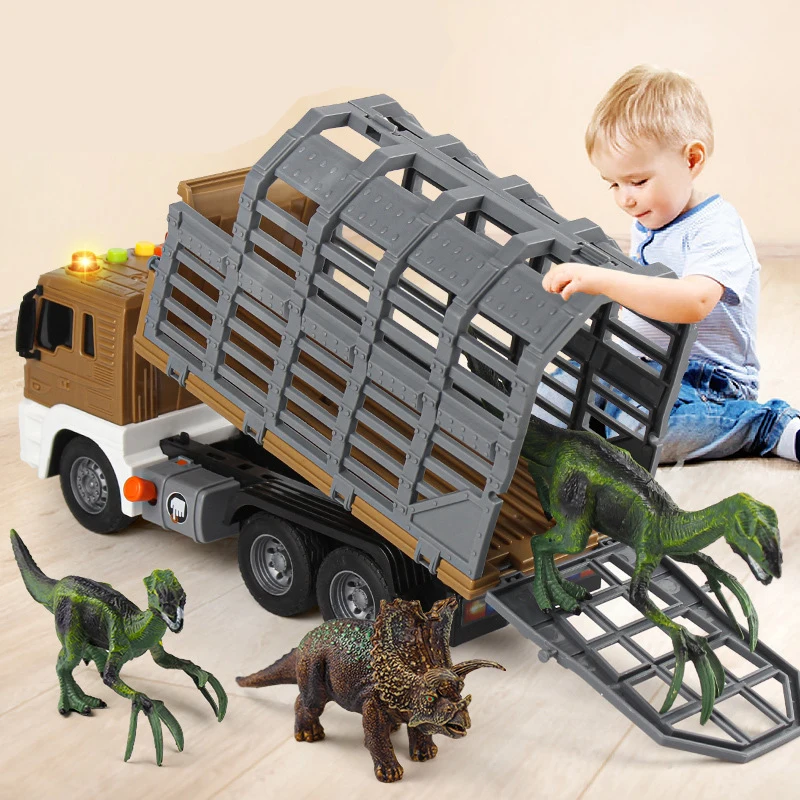 Dinosaur Dump Truck with cage Sound and Light Toy Trucks with 4 Dinosaurs Friction-Powered Toy Truck B240