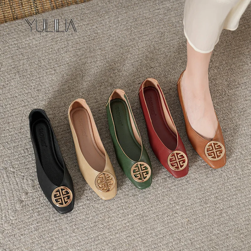 

YULILIA Original Soft Leather Retro Buckle Light Mouth Flats Low Heels Women's Literary Square Toe Flats Mary Jane Flat Shoes