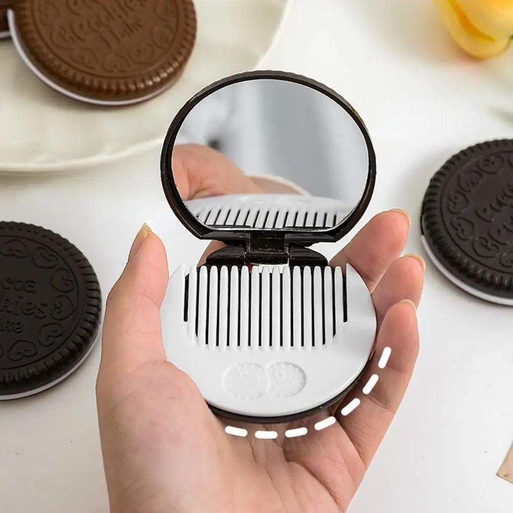 Mini Chocolate Cookie Mirror Cute Vanity Mirror Makeup Mirror with Comb Cartoon Biscuits Shape Folding Compact Pocket Mirror