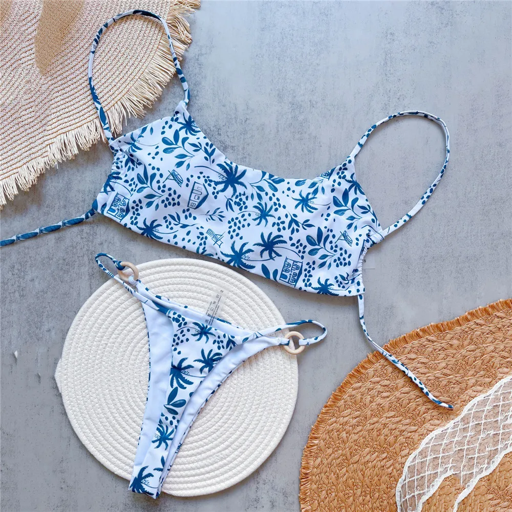 

String Lace-up Bandeau Bikinis Sets Micro Thong Sexy Swimsuit Women Coconut Tree Print Swimwear 2025 Bathing Suit Bikini Biquini