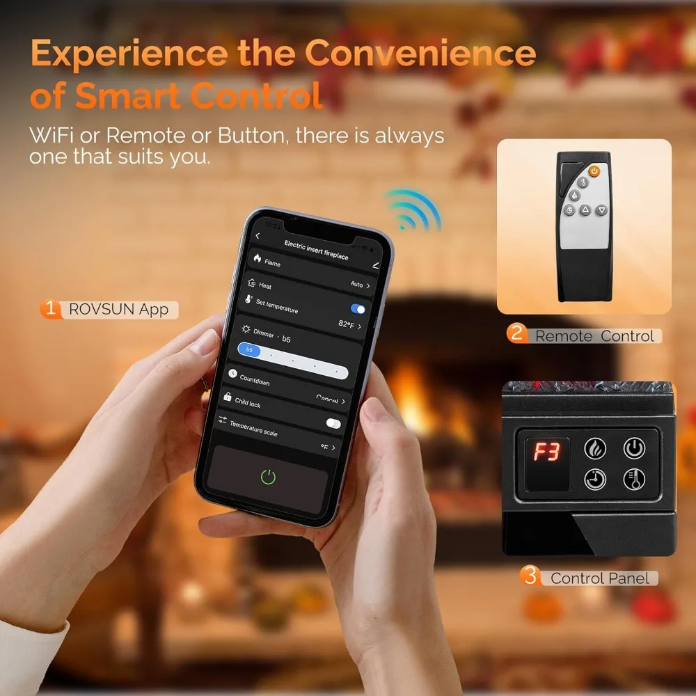 ROVSUN 18インチ電気暖炉インサート、リモコン＆WiFi制御付き、タイマー付きフェイク暖炉ログ、過熱保護、調整可能な炎