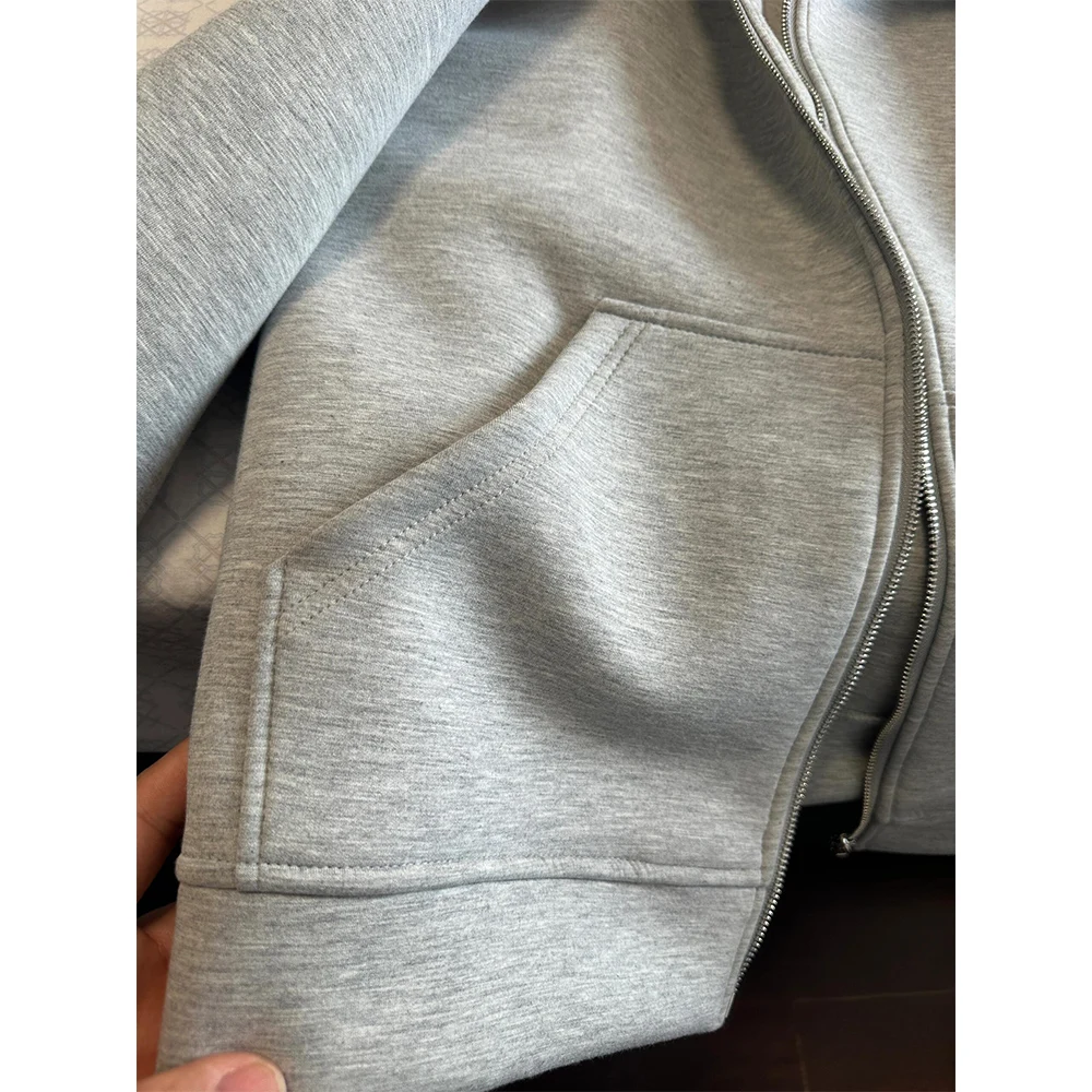 Damski szary płaszcz z kapturem, jednolity kolor, długi rękaw, luźna kurtka na zamek błyskawiczny, styl sportowy, damska moda jesienna, oversize, odzież wierzchnia.