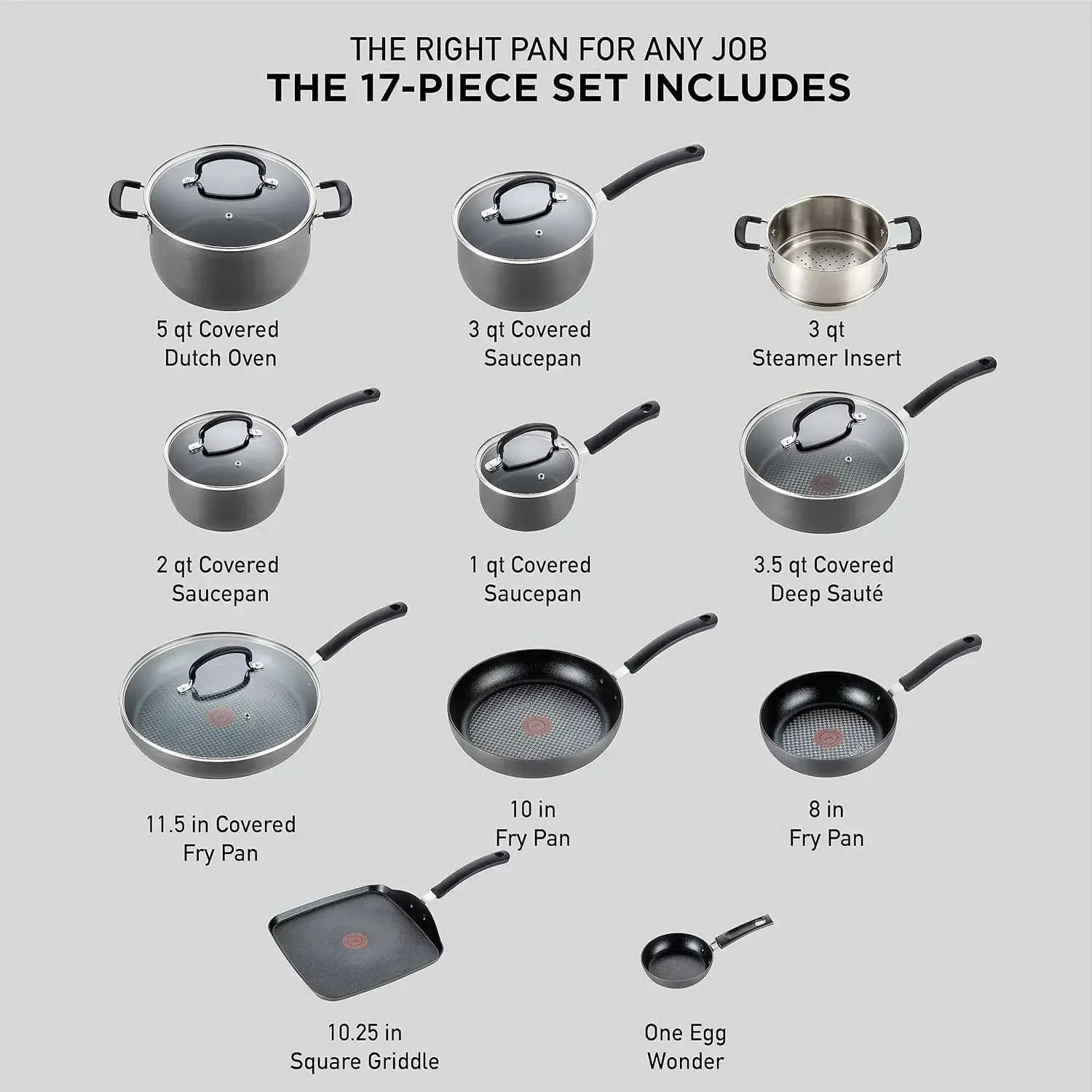 Hard Anodized Nonstick Cookware Set 17 Piece, Oven Broiler Safe 400F, Lid Safe 350F, Kitchen Cooking Set w/ Fry Pans, Saucepans,