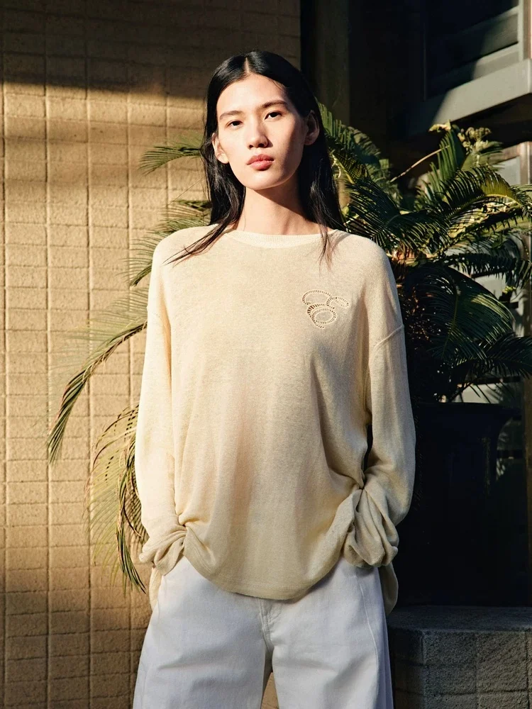 

Edition Women's Summer New Light Weighted Hemp Linen Knitted Cover up Top Casual Style round Neck Long Sleeve Knitted Sweater