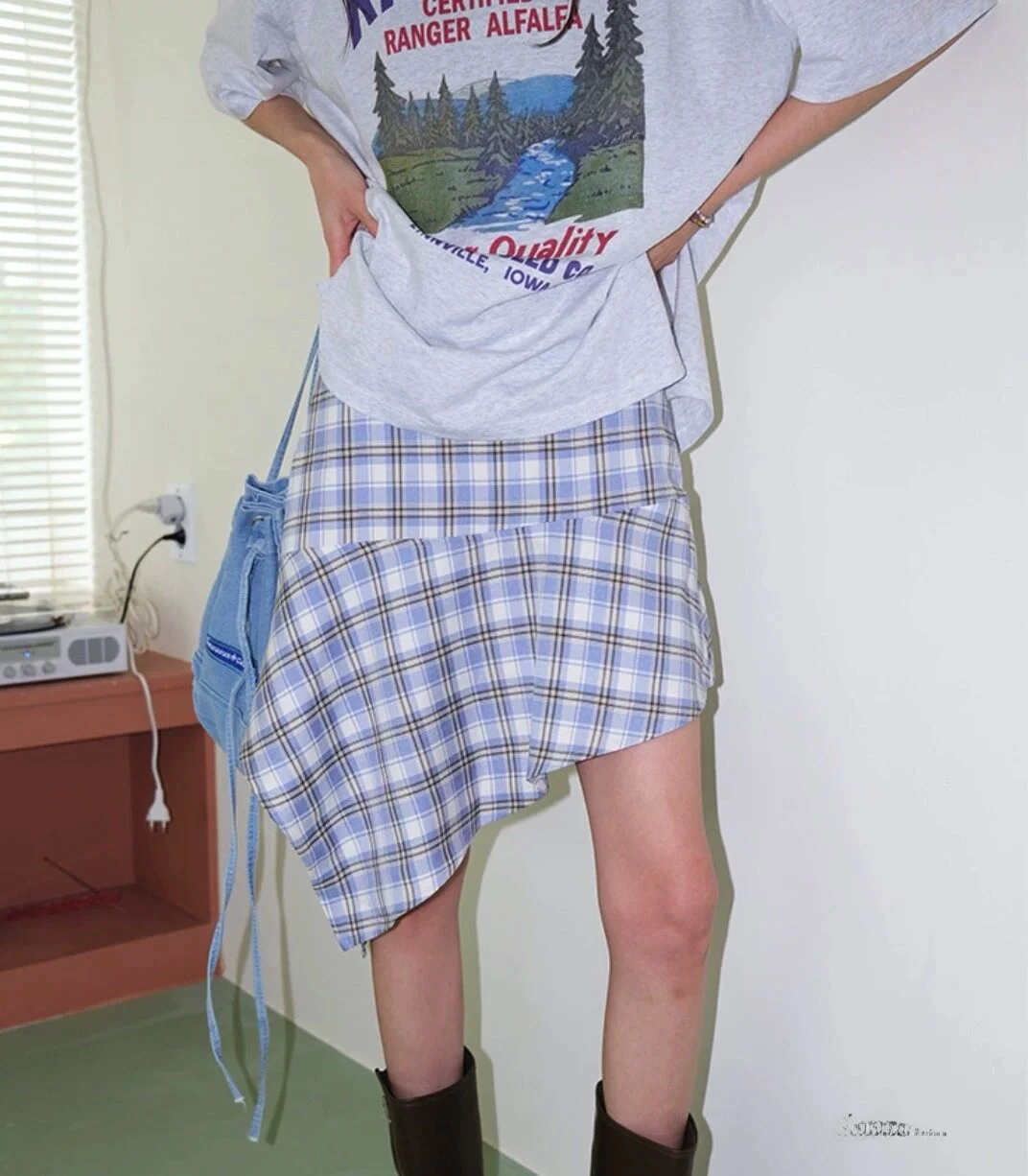 

Юбка-миди с высокой талией для похудения, уличная юбка в американском стиле ретро, нерегулярный клетчатый узор, юбка трапециевидной формы с силуэтом