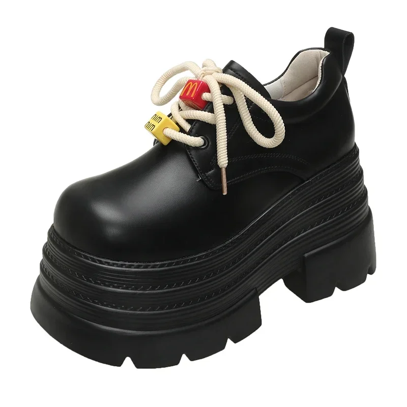 

New 2025 Spring Women Platform Casual Shoes Loafers Lace-up Chunky Sneakers 10CM High Heels British Thick Bottoms Leather Shoes
