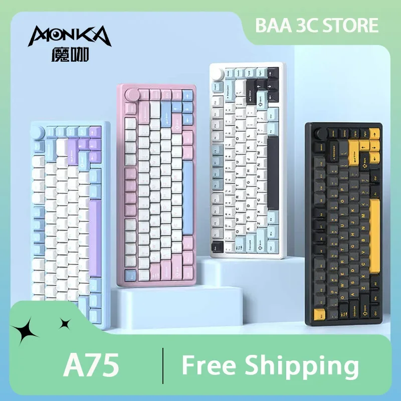 Monka A75 Mechanical Keyboard Three Mode Aluminium Alloy Customized Gaming Keyboard RGB Gasket Hot Swap 81Keys Pc Accessory