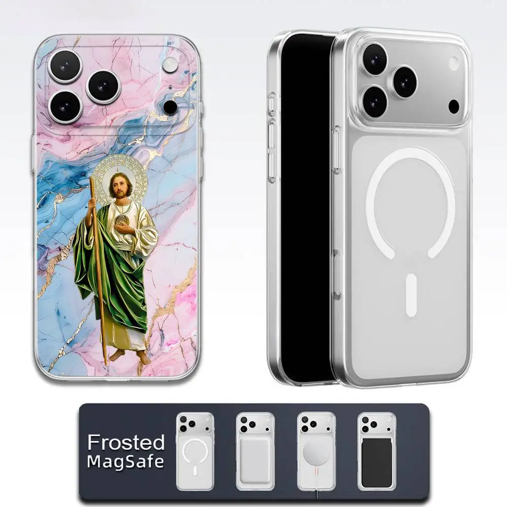 Custodia per telefono Marble San Judas Tadeo per iPhone 17,16,15,14,13,12,11,Pro,Max,Plus,E,Air,Mini Magsafe satinato trasparente