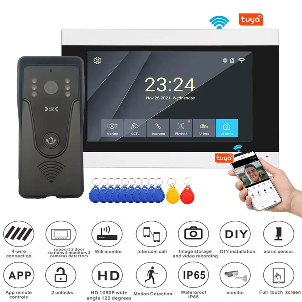 Tuya 1080P 7 Inch Color Touch Screen Wireless WiFi Video Doorbell Smart APP Home Intercom Kit for RFID Access Control System