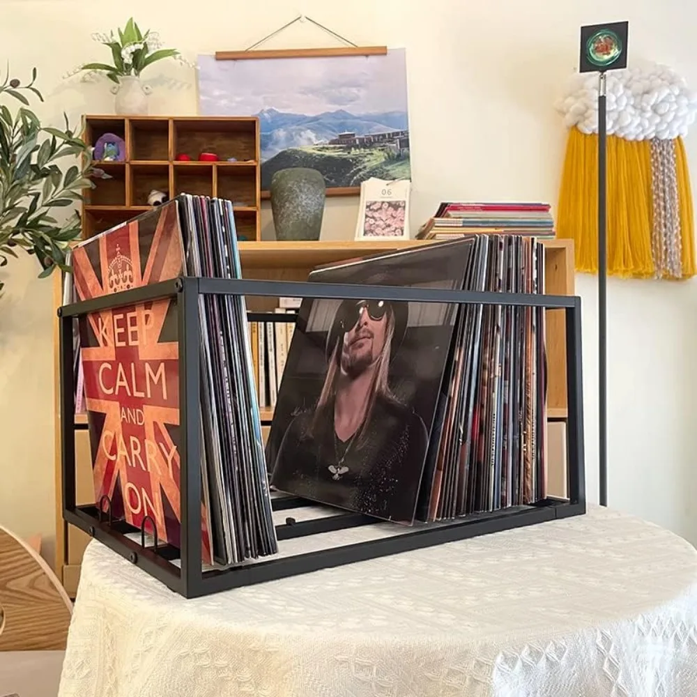 Vinyl Record Storage Holder with Wheels and Dust Cover - Holds 100 LPs - Sturdy Metal Stand in Smooth Black