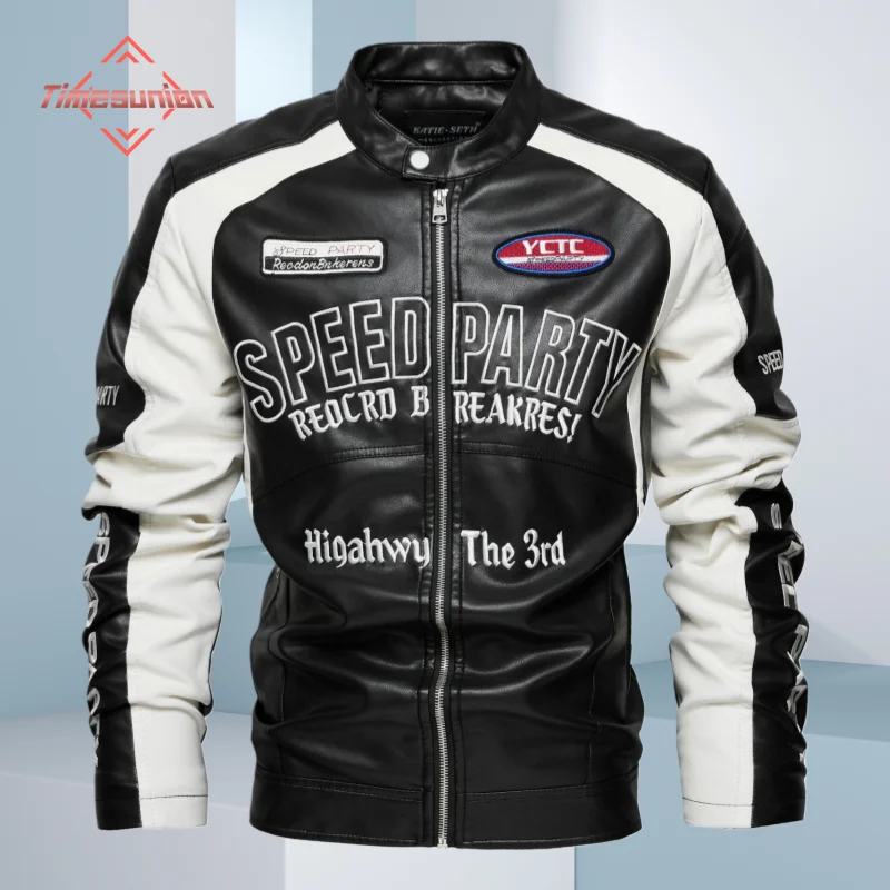 Spring Autumn Motorbike Jacket Man Stand Collar Leather Jackets Patchwork PU Leather Work Clothes Outdoor Motorcycle Riding Coat