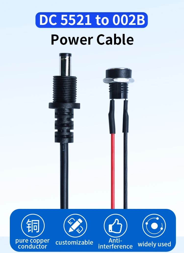 DC5521 black tuning fork with threaded connection dc022B female charging port socket with cable connection power cord