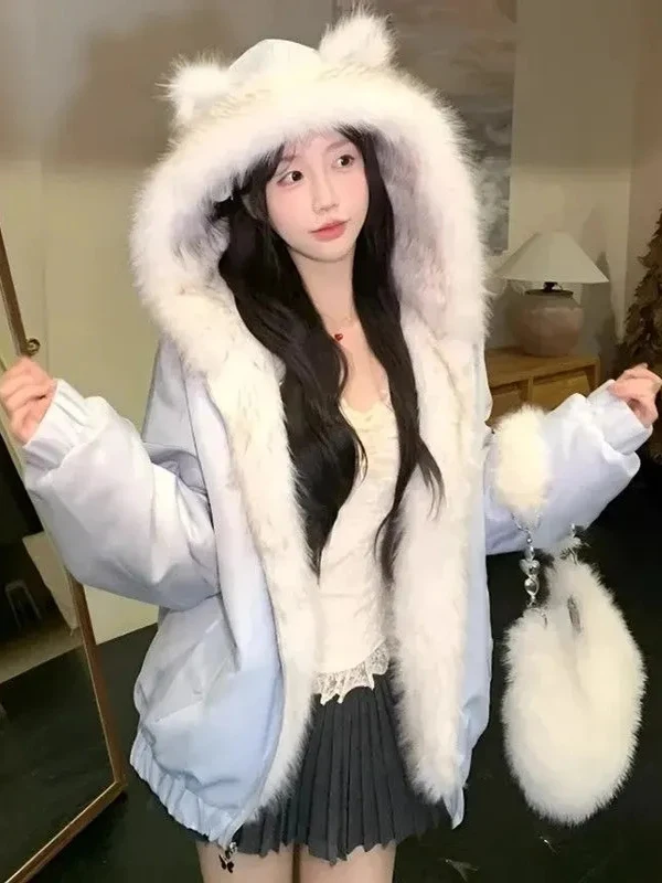 

Korean Sweet Sle ort Thiened Fluffy Women's Outerwear Autumn Winter New Loose Warm Cotton Coat Hooded Mountain Eagle