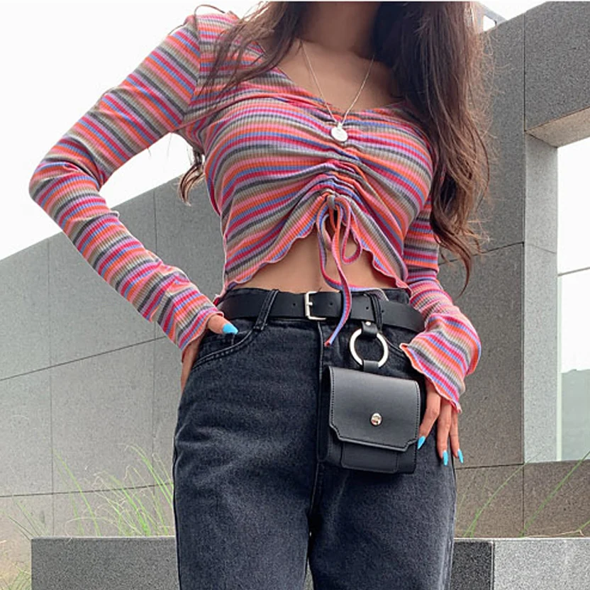 خريف جديد Sle قوس قزح المشارب Dstring سليم صالح طويل Sve تنوعا كبير V-ne Personali تي شيرت مزيج القطن