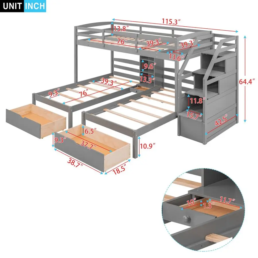 Triple Bunk Beds with Stairs and Storage Drawers,Twin Over Twin Bunk Bed for 3 Kids,Wooden 3 Bunk Beds Frame with Builtin,Custom