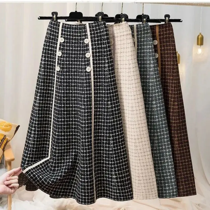 Knöpfe Plaid Vintage Chic Stricken hohe Taille A-Linie losen Damen rock knielange lange Röcke für Damen bekleidung Mode