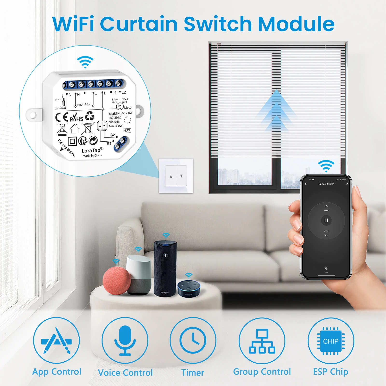 LoraTap-WiFi Cortinas Mudar com ESP 8285 Chip, Google Tuya Smart Life App, Controle de Voz Remoto por Home Alexa, Interruptor Elétrico