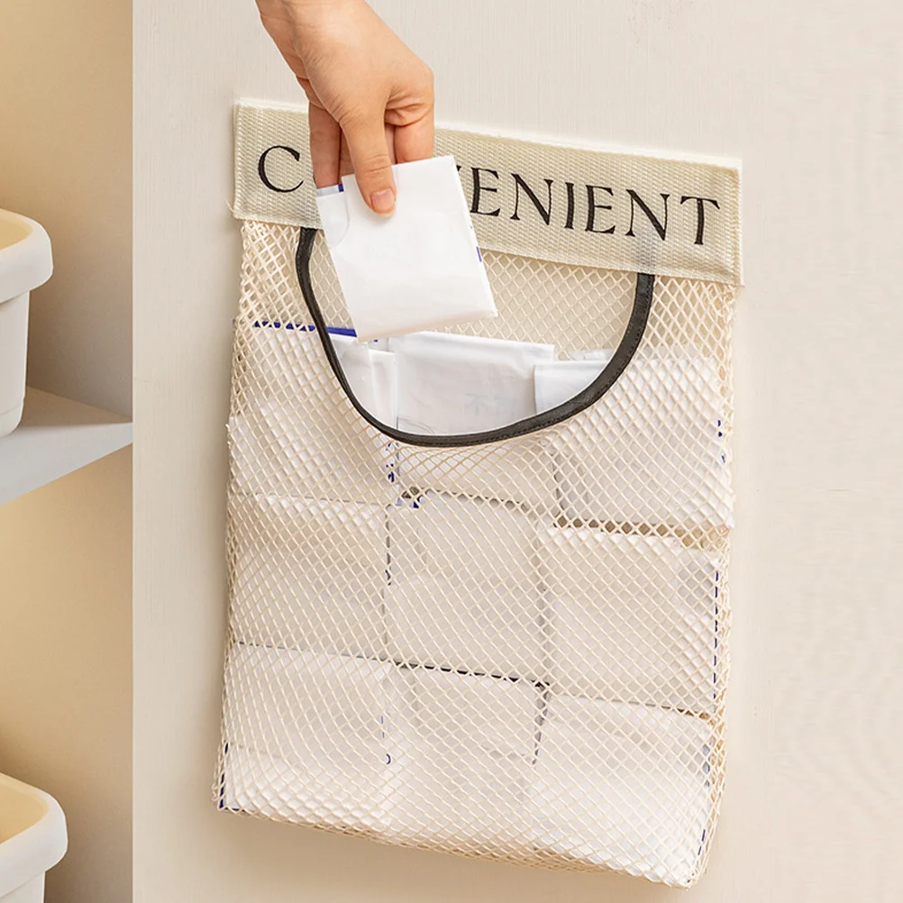 

Настенная сетчатая сумка для хранения, большая емкость, подвесной органайзер, держатель для кухонного мешка для мусора, многоразовая сетчатая сумка для хранения