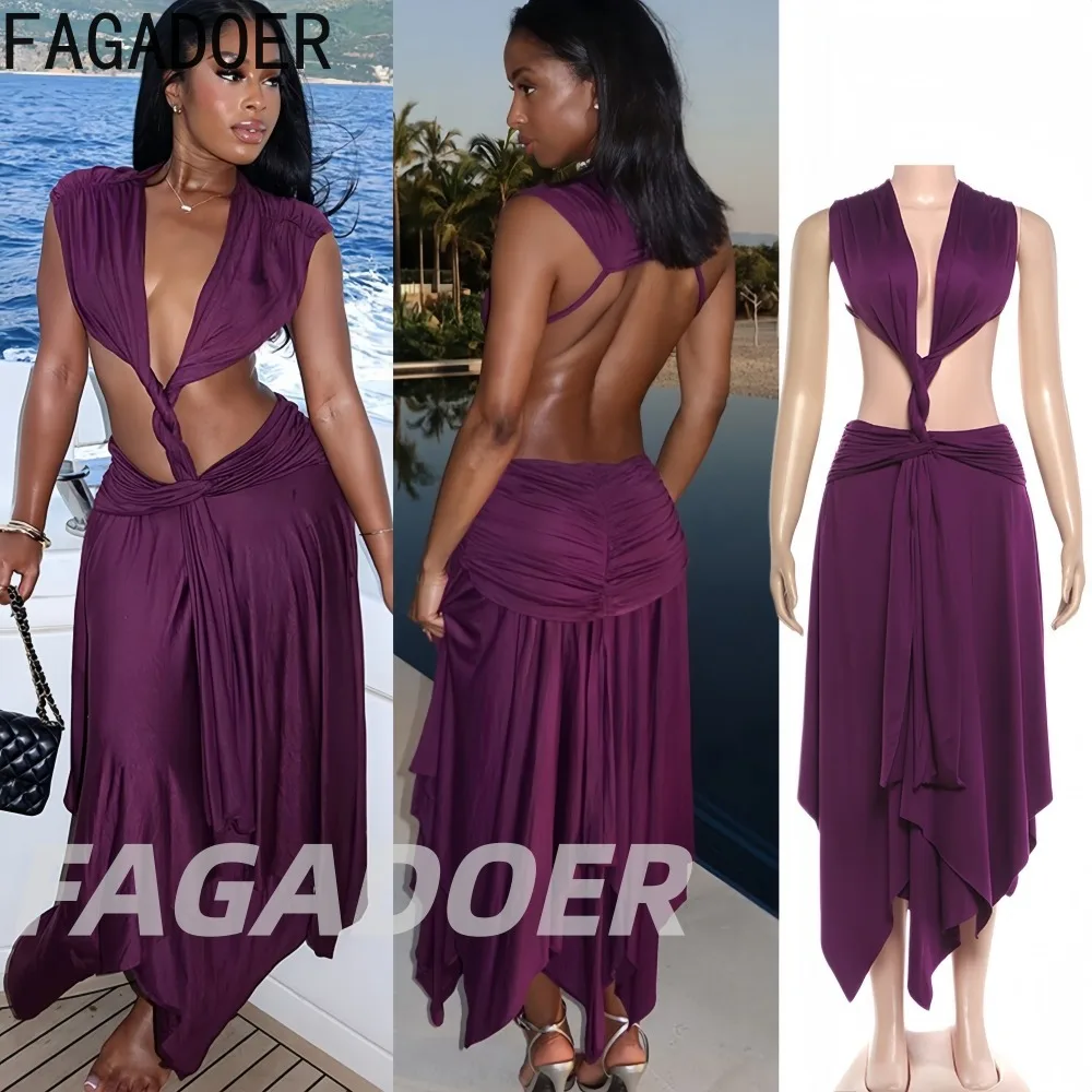 

FAGADOER Elegant Hollow-out Patchwork Bodycon Dresses Woman Solid Color Deep V-neck Backless Dress Female Holidays Vestidos New