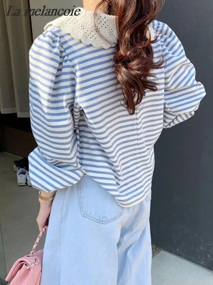 Striped T-shirt For Woman 2024 Spring New Fashion Lace Doll Collar Long Sleeve Loose Tee Shirt Female Vintage Casual Tshirt Top