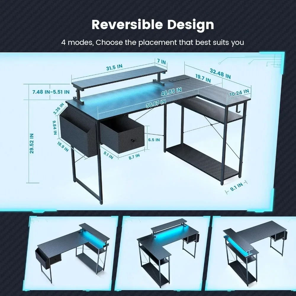 Bureau de jeu en forme de L avec lumières LED, bureau de jeu pour ordinateur, support réglable, prises d'alimentation, rangement, 47/55"